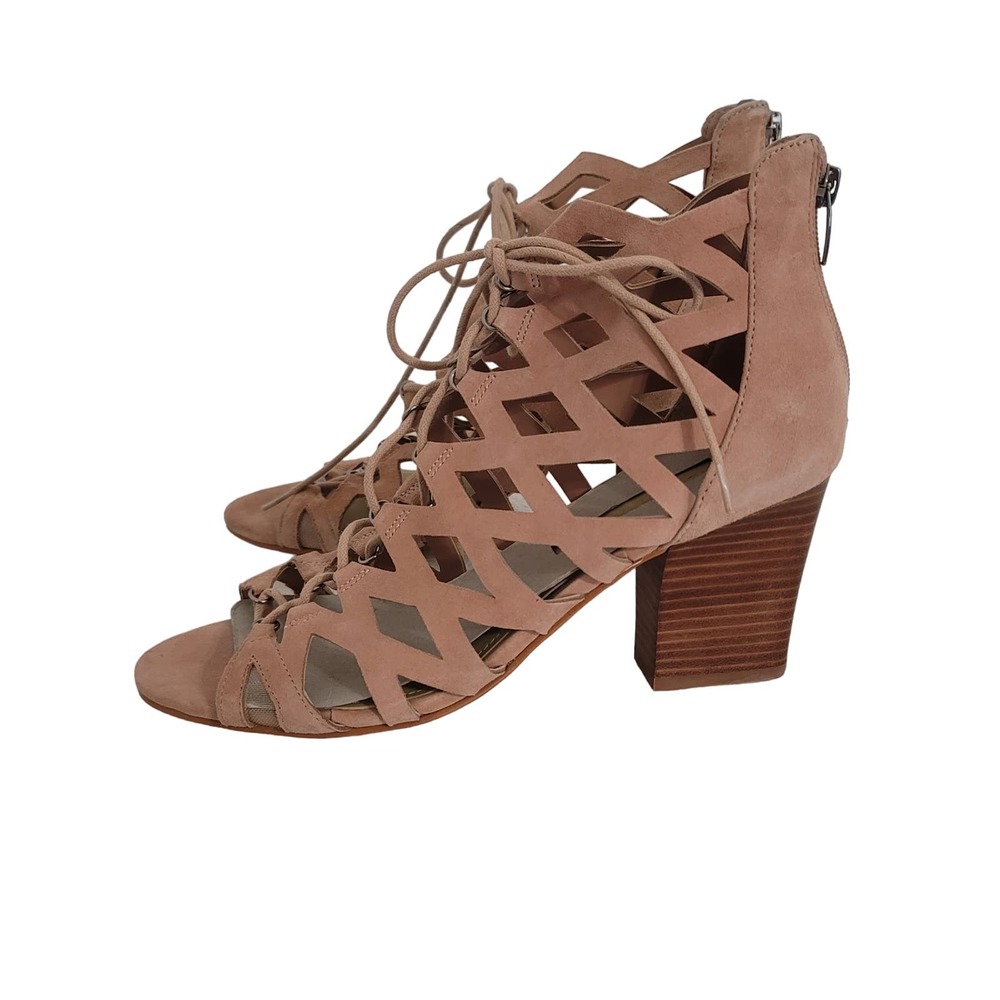 Marc Fisher Blair Sandal 9 Pink Cutout Caged Suede Boho Hippie Neutral Chunky